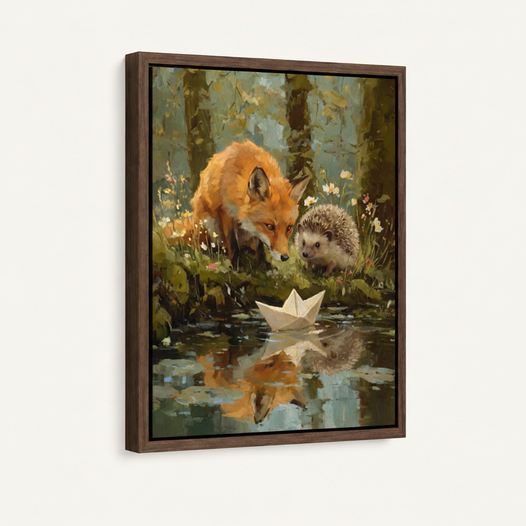 Woodland fox hedgehog paper boat forest stream canvas in dark walnut float frame, 3/4 left angle view