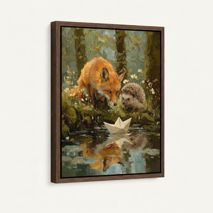 Woodland fox hedgehog paper boat forest stream canvas in dark walnut float frame, 3/4 left angle view