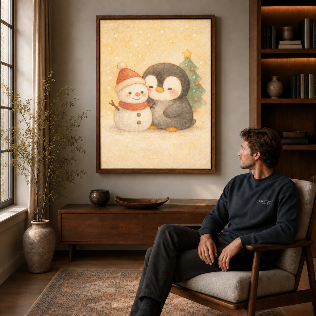 Snowman in a red hat beside a gray penguin, displayed above a seated man.