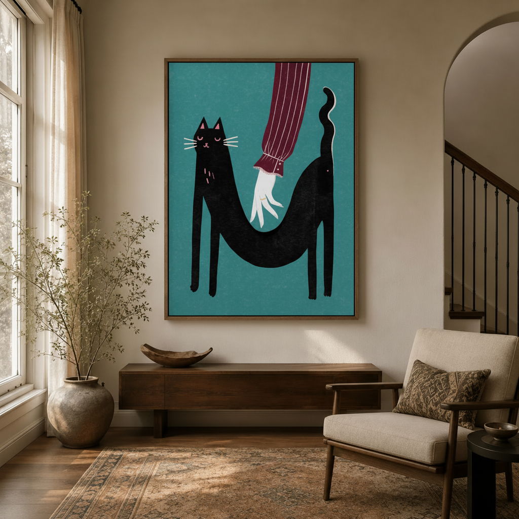 Funny cat shark vintage collage canvas print in walnut float frame displayed in warm entryway hallway scene