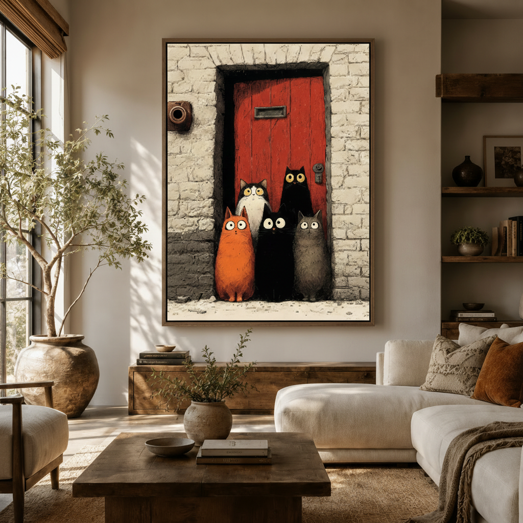Funny five cats red door illustration canvas wall art hanging in warm modern living room with olive tree