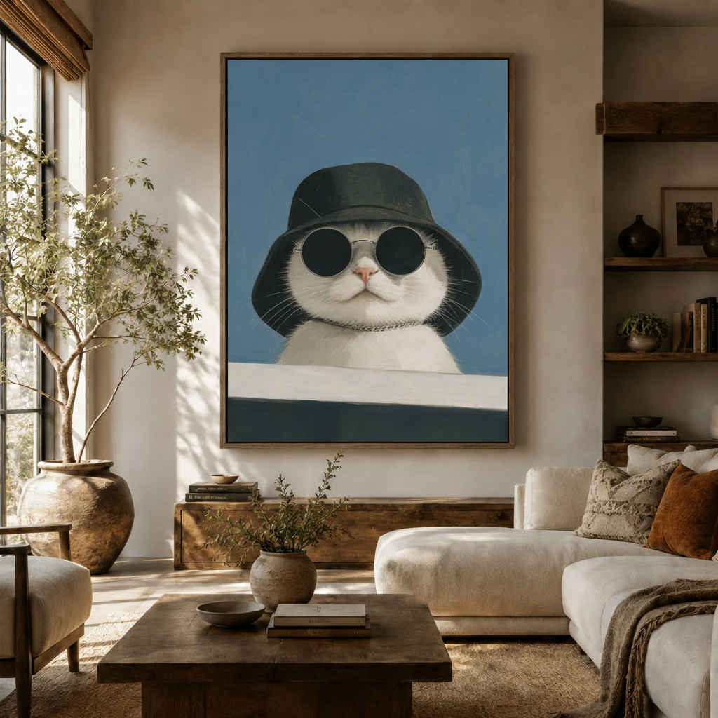 White cat in black bucket hat sunglasses canvas hung above white sofa in bright modern living room