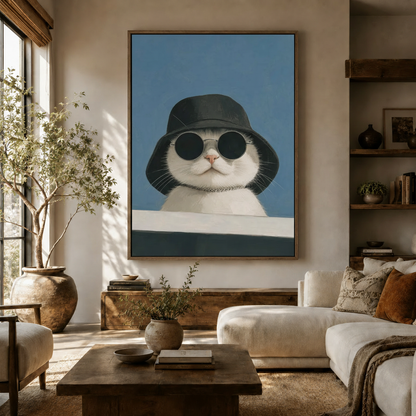 White cat in black bucket hat sunglasses canvas hung above white sofa in bright modern living room