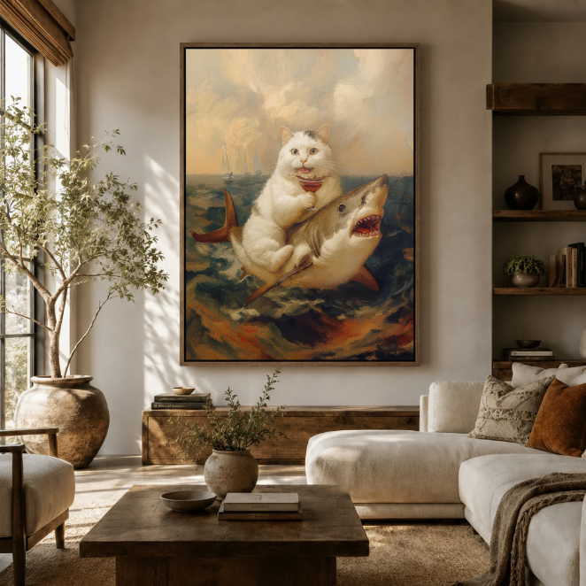Baroque cat riding shark canvas print displayed above a walnut console in a warm modern living room