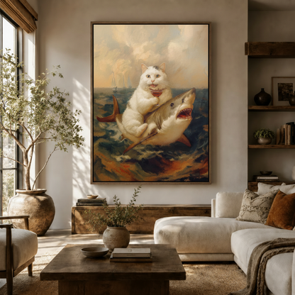 Baroque cat riding shark canvas print displayed above a walnut console in a warm modern living room