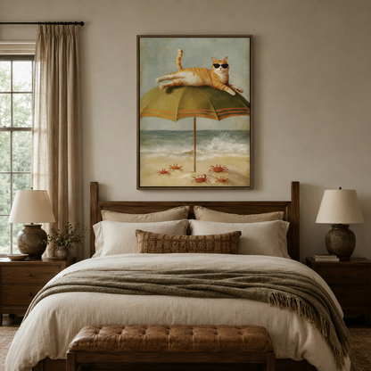 Vintage cool cat beach canvas framed above dark walnut headboard in warm neutral bedroom with linen bedding