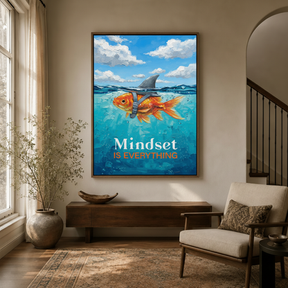 Motivational goldfish wall art framed canvas in modern entryway with arched doorway