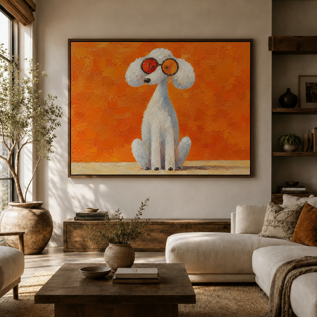 Funny cartoon poodle orange background canvas wall art displayed in bright modern living room above sideboard