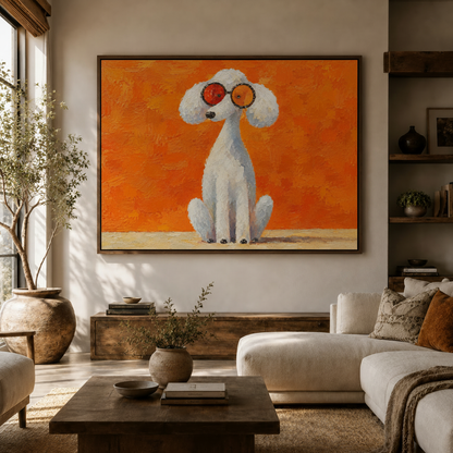 Funny cartoon poodle orange background canvas wall art displayed in bright modern living room above sideboard