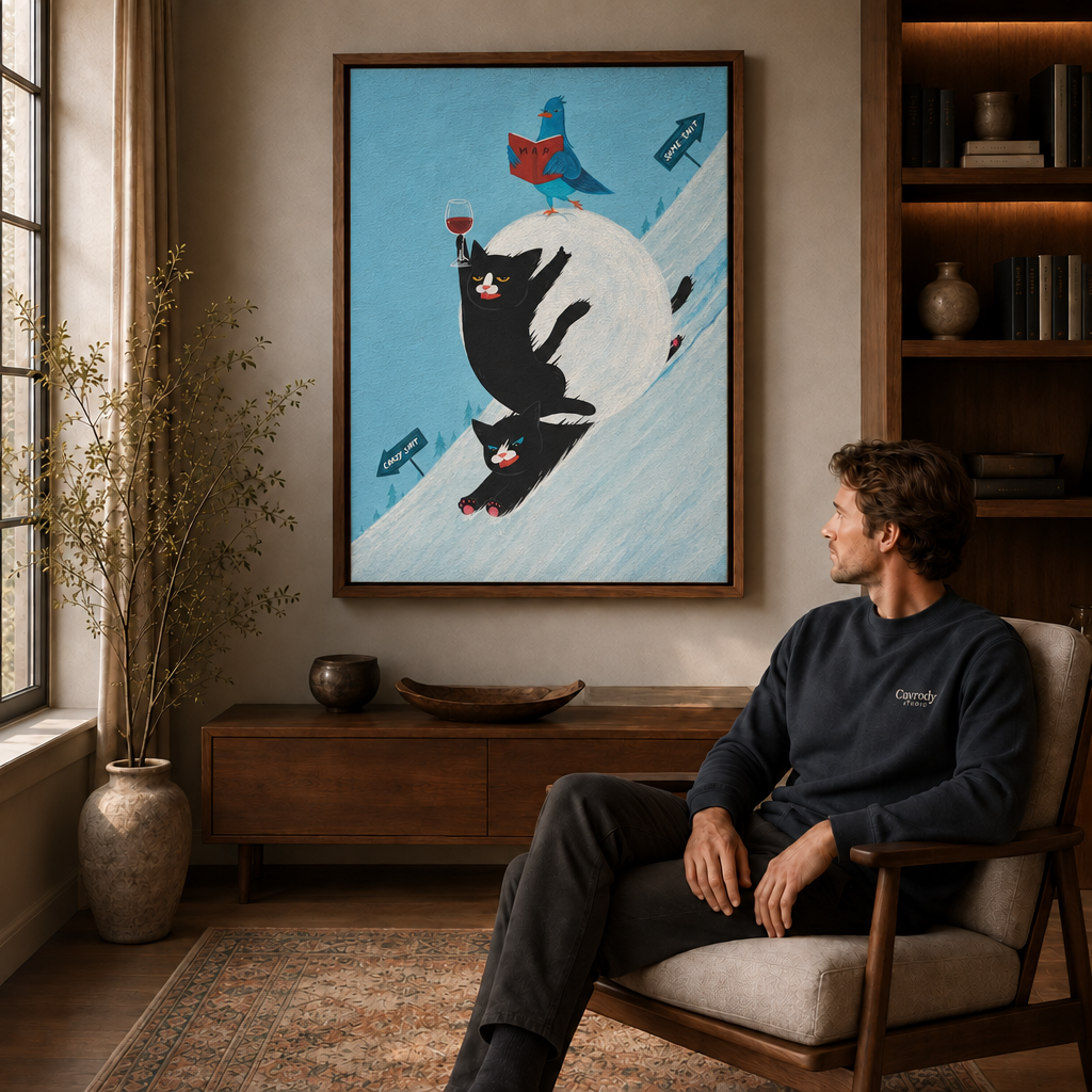 Man seated in an armchair beside a walnut floating-frame wall art of a grumpy calico cat in a blue dress.