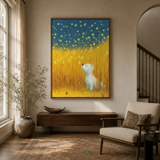 Framed Westie firefly field fantasy canvas wall art hung above wooden console in warm neutral entryway