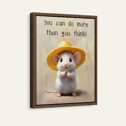 Fluffy mouse yellow hat inspiring quote warm painterly canvas in wide dark walnut float frame, 3/4 portrait angle