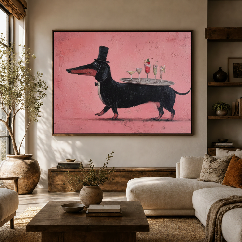 Whimsical dachshund oil painting in a walnut float frame above a white sofa in a modern living room