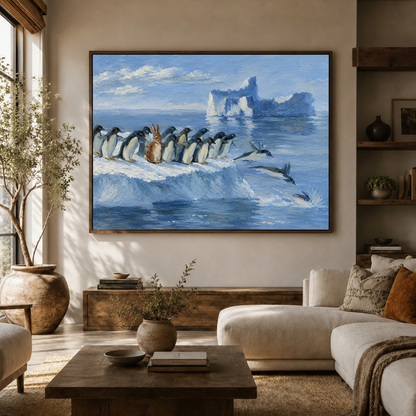 Framed penguin and rabbit oil painting hanging above a beige sofa in a modern living room