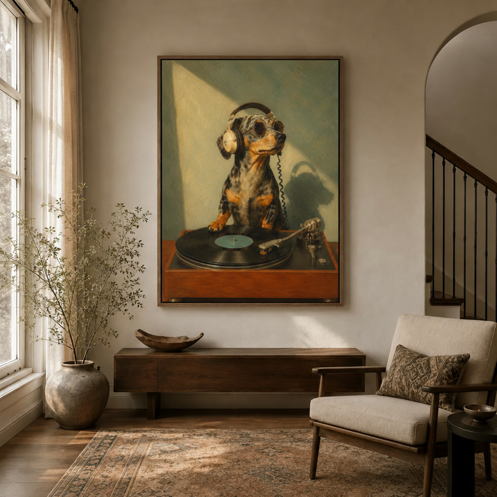 Funny dachshund headphones canvas wall art hanging in warm entryway hallway decor