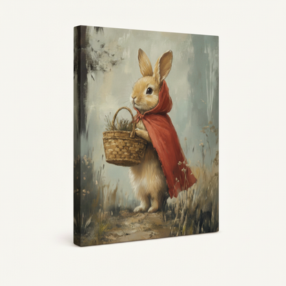 Gallery-wrapped canvas of golden bunny in red cape carrying basket shown at angle with blue-gray wrap on white background
