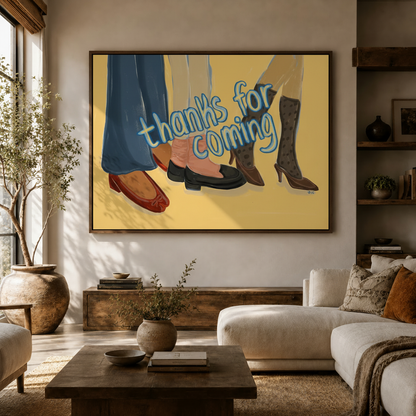 Colorful women's shoes pop art canvas wall art displayed in bright modern living room