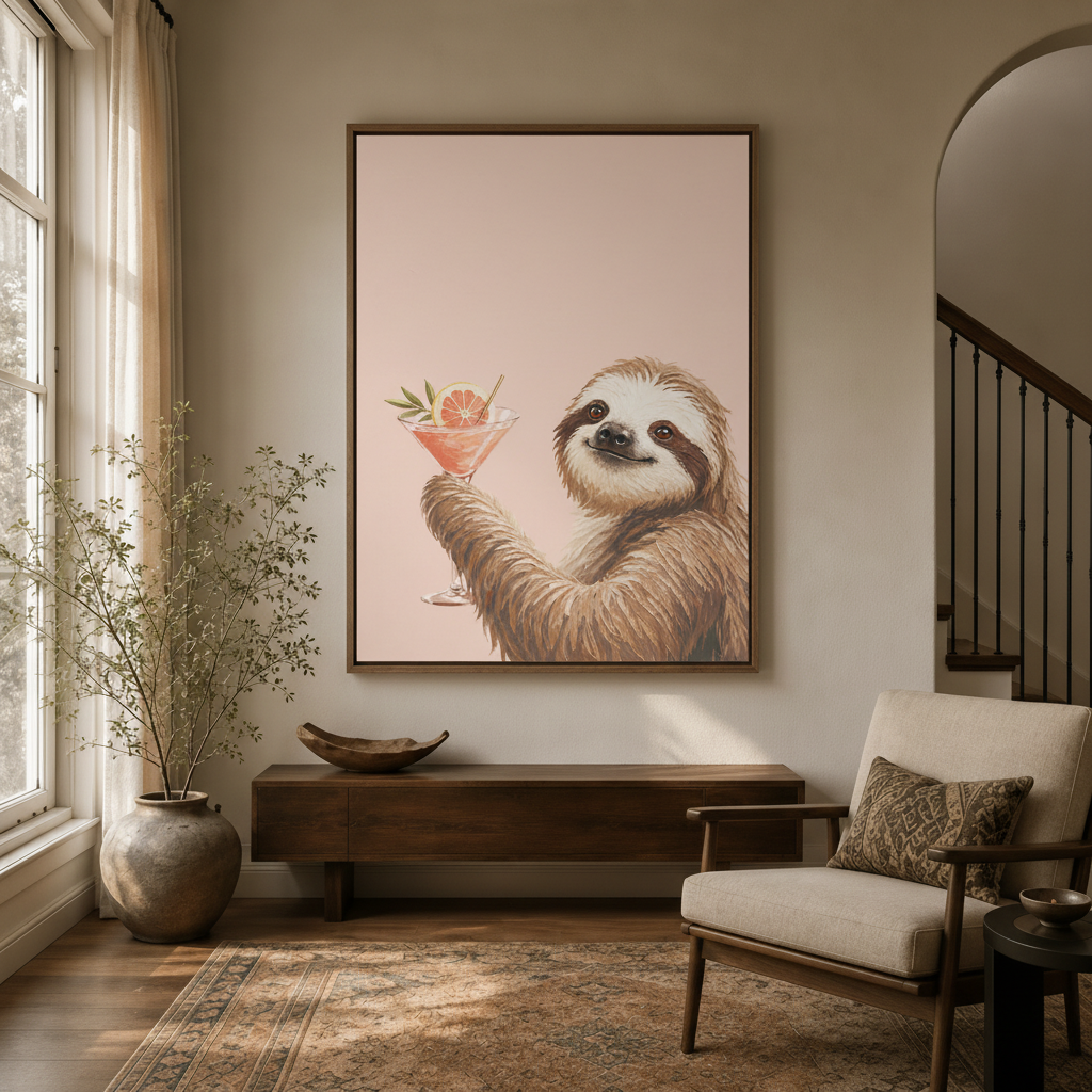 Funny sloth cocktail framed canvas wall art displayed in a warm neutral entryway with walnut console