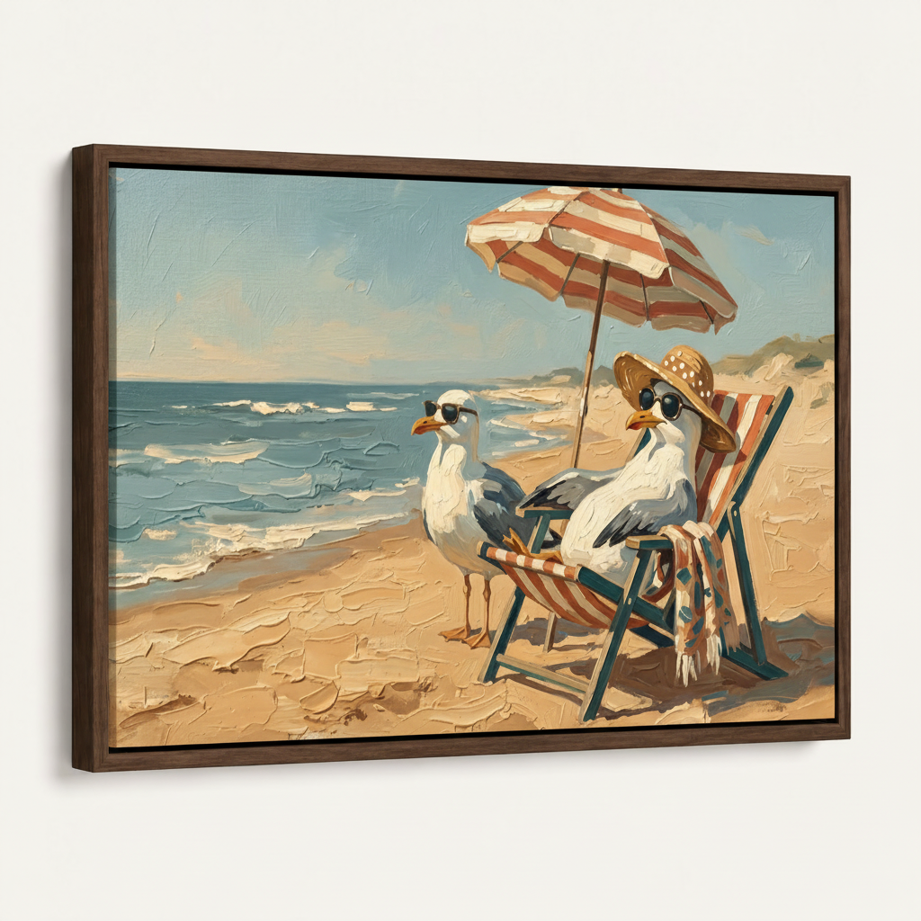 Framed seagull beach chair umbrella impasto canvas print in dark walnut float frame angled 3/4 product view
