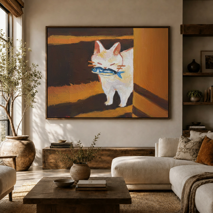 Cat with fish canvas wall art above a wood console in a sunlit living room