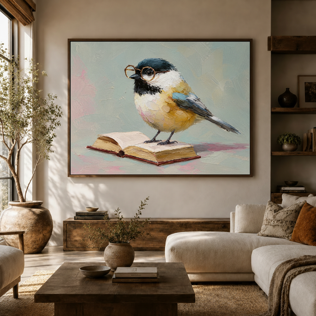 Whimsical bookish bird painting displayed above a living room sofa