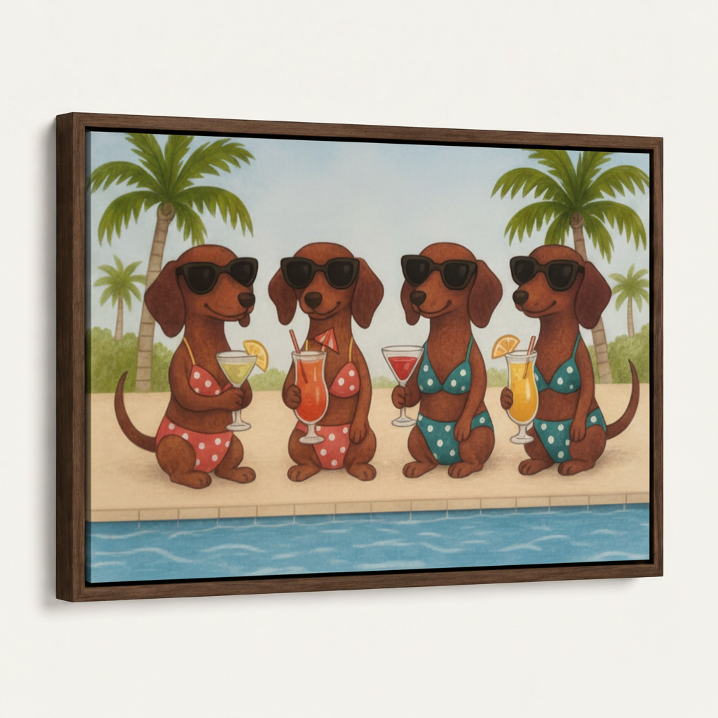 Framed dachshund pool party cartoon canvas print in dark walnut float frame angled 3/4 product view
