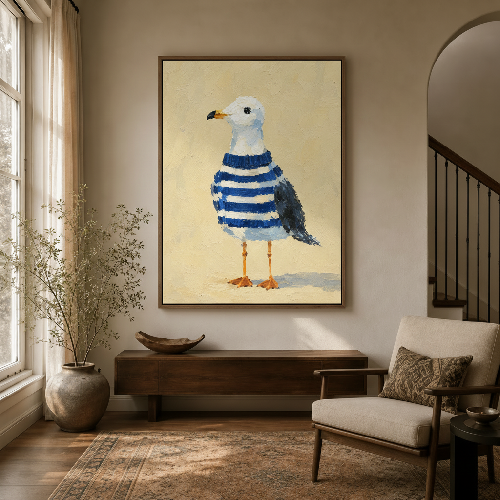 Coastal bird canvas wall art in dark walnut float frame styled in modern hallway entryway