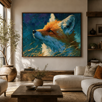 Bold fox oil painting canvas print with teal and amber tones displayed in a neutral living room