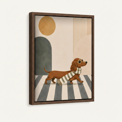 Dapper dachshund mid-century modern illustration canvas in wide dark walnut float frame, 3/4 angle portrait