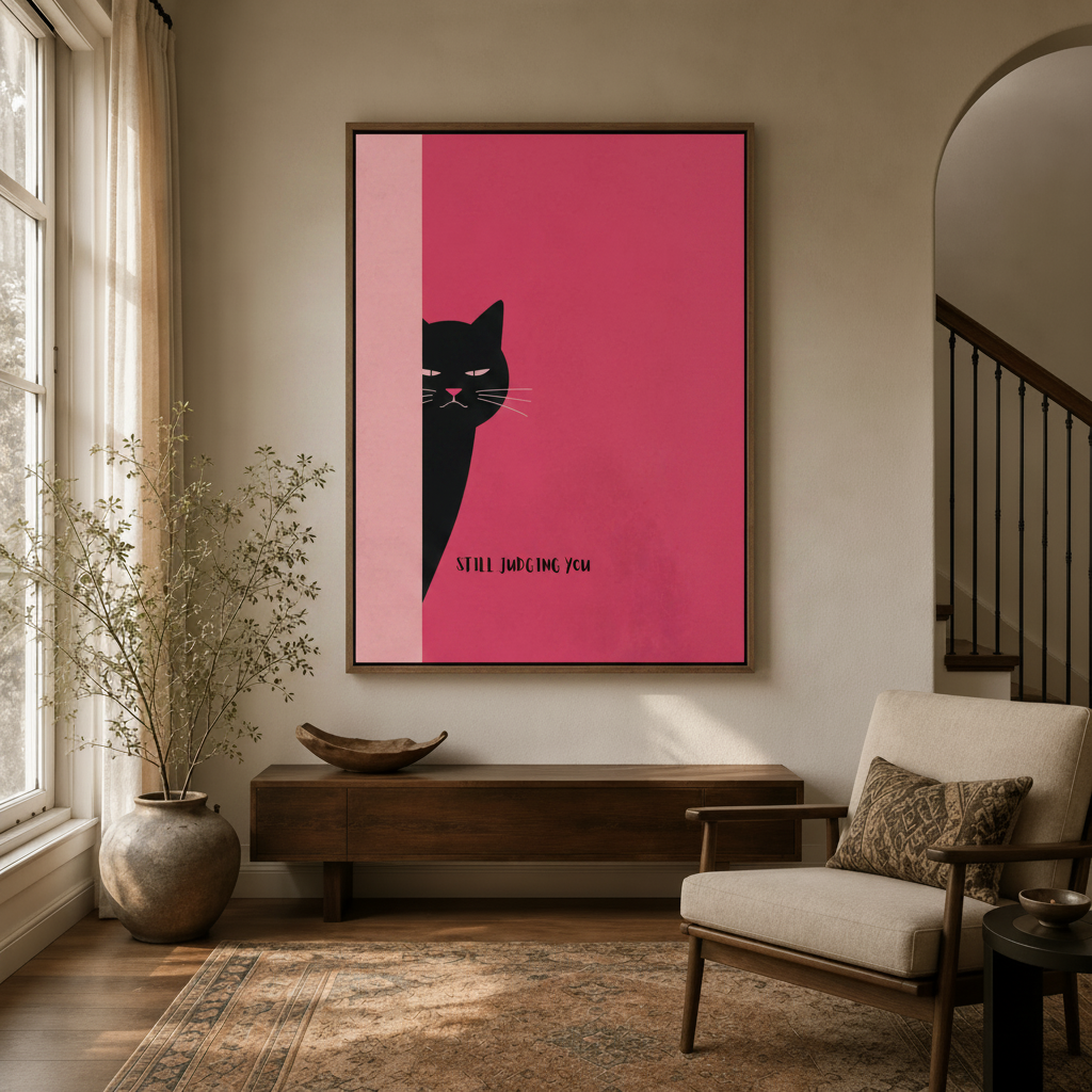 Bold magenta cat wall art displayed in a modern entryway with arched doorway and staircase