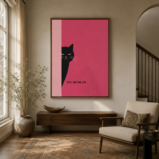 Bold magenta cat wall art displayed in a modern entryway with arched doorway and staircase