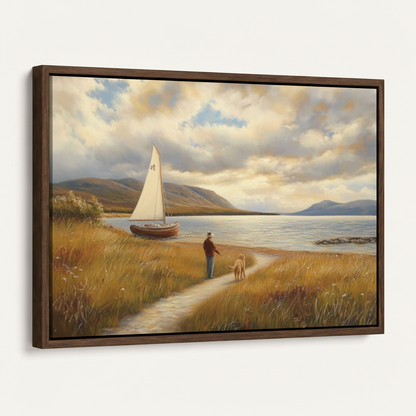 Framed man walking dog coastal classical canvas print in dark walnut float frame angled 3/4 product view