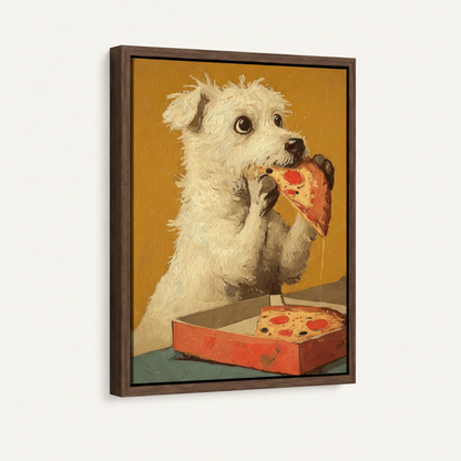 Humorous white dog pizza canvas in dark walnut float frame, 3/4 angle view on clean white background
