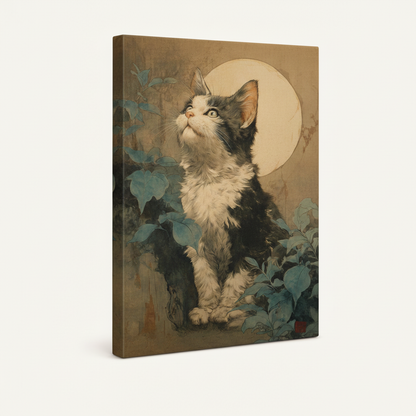 Side angle view of vintage kitten moon botanical canvas print showing gallery-wrapped edge