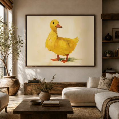 Minimalist yellow duck canvas wall art above a wood console in a sunlit living room