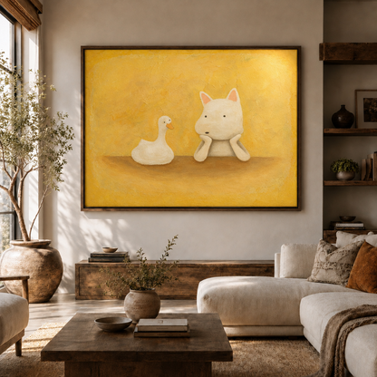 Yellow duck and dog artwork in a dark frame above a rustic console in a bright modern living room