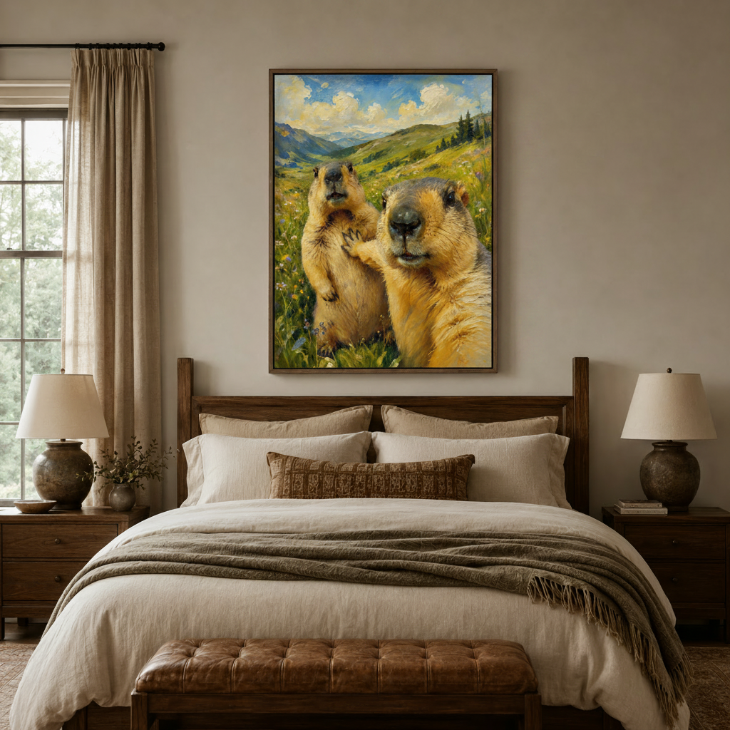 Whimsical marmot duo oil painting wall art in walnut float frame centered above bed in a cozy warm bedroom