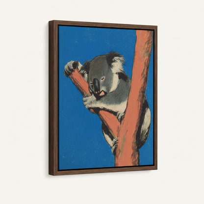 Bold cobalt blue koala poster canvas in dark walnut float frame, 3/4 angle view on clean white background