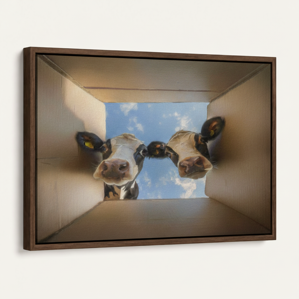 Framed canvas close-up showing two curious dairy cows peeking down with blue sky background