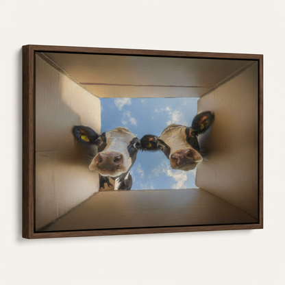 Framed canvas close-up showing two curious dairy cows peeking down with blue sky background