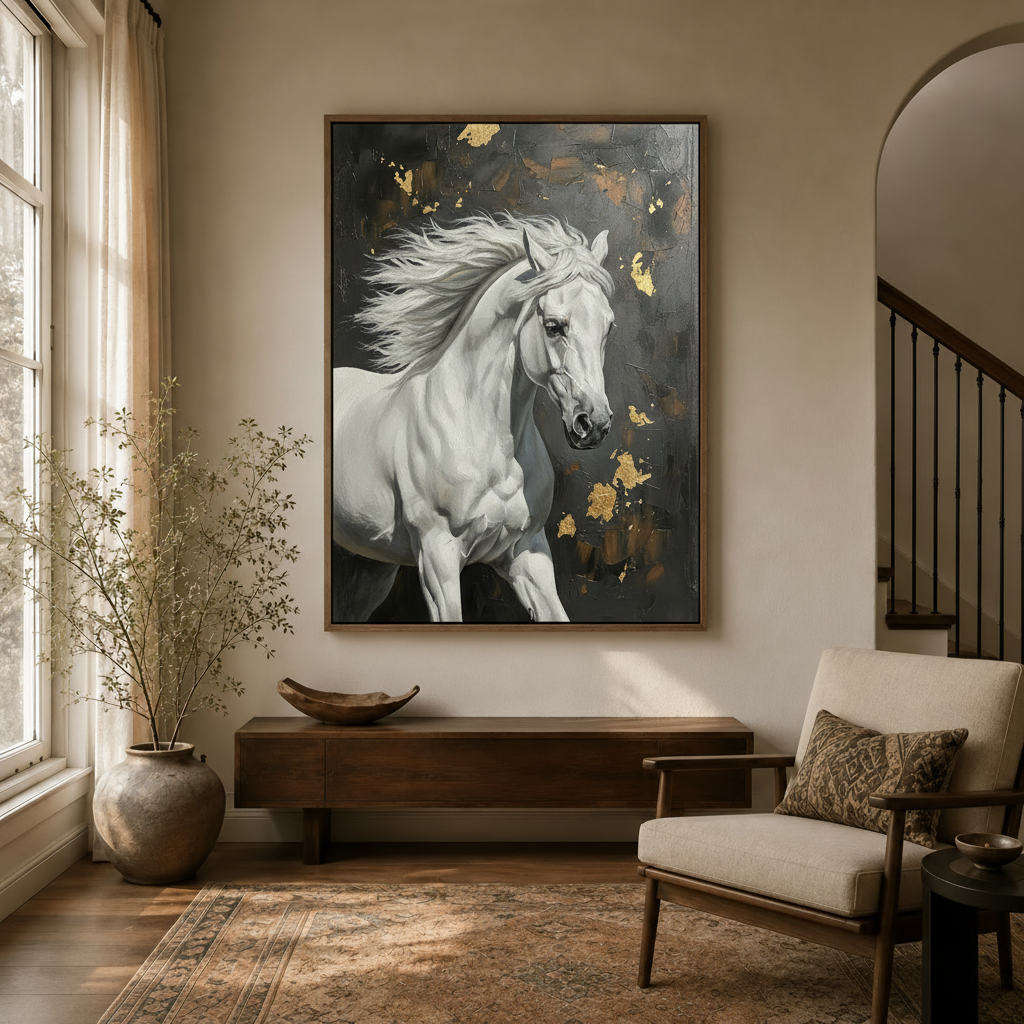  Equestrian white horse canvas print hanging in bright entryway with wood floating frame