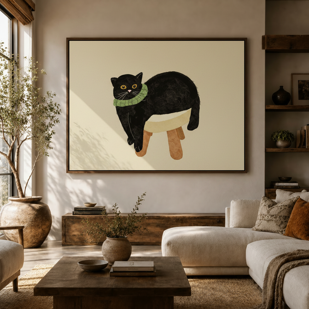 Cute black cat wall art in dark walnut float frame above console in rustic farmhouse living room