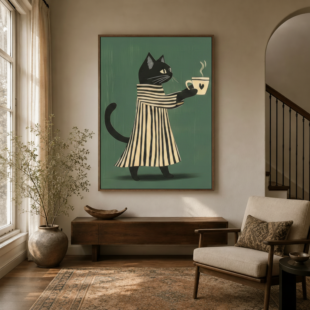 Whimsical black cat striped dress canvas print in float frame displayed in warm entryway hallway