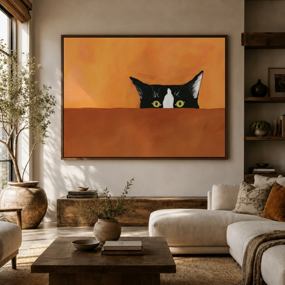 Playful peeking cat canvas wall art displayed in a warm modern living room