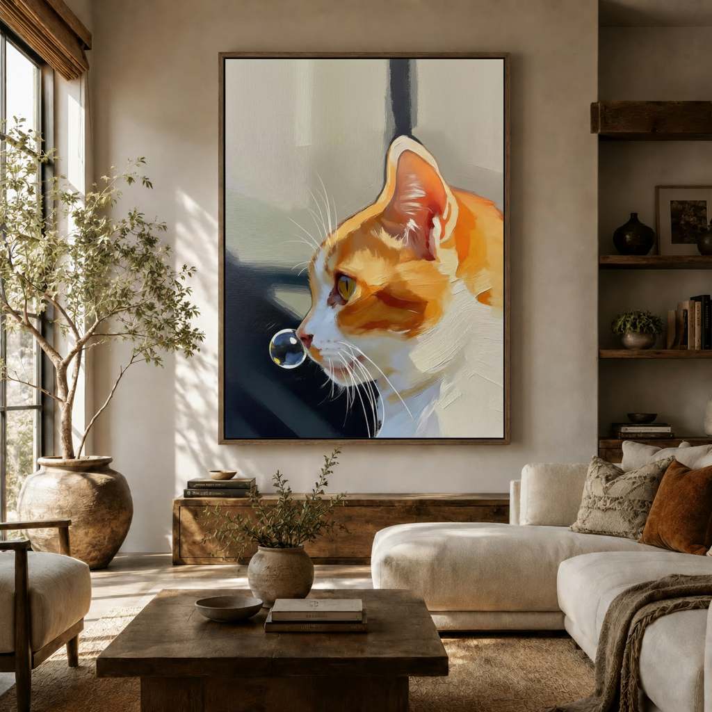 Large impasto cat portrait wall art with warm orange tones hanging in a Scandinavian living room