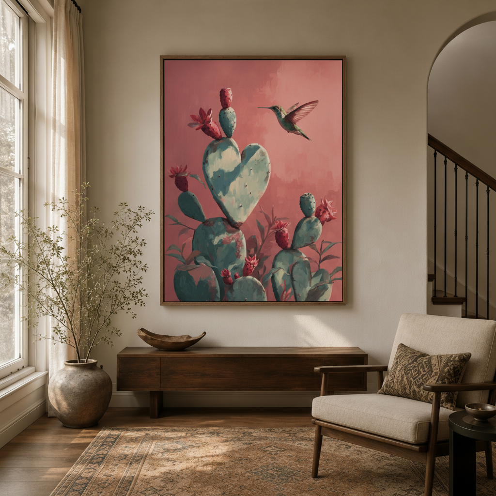 Dusty rose hummingbird and heart cactus print hanging in modern entryway beside dried branch vase and armchair