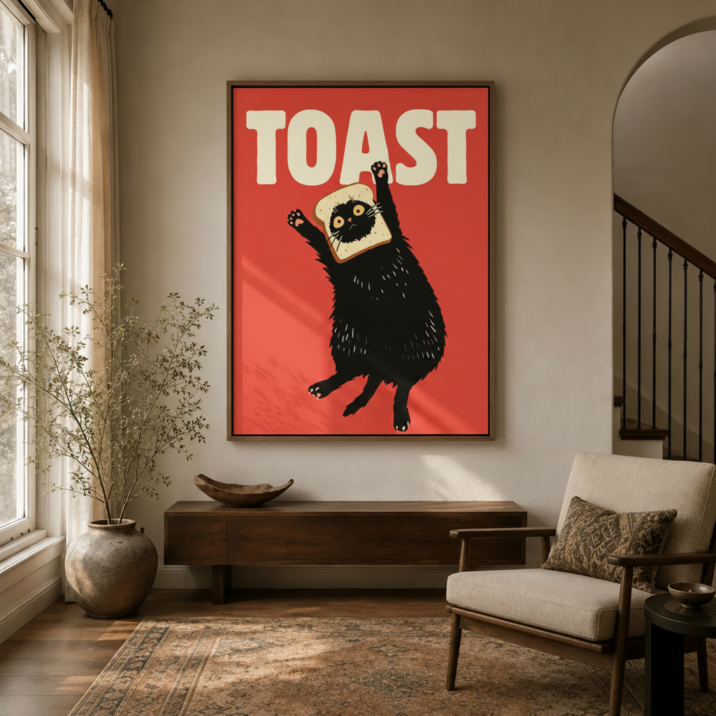 Funny black cat TOAST pop art canvas in dark walnut float frame hung in a warm neutral entryway