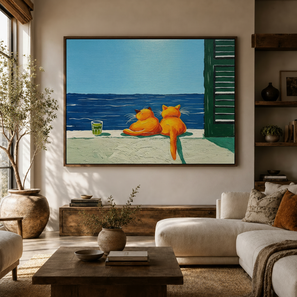  Bold pop art cat print displayed above sofa in bright modern living room
