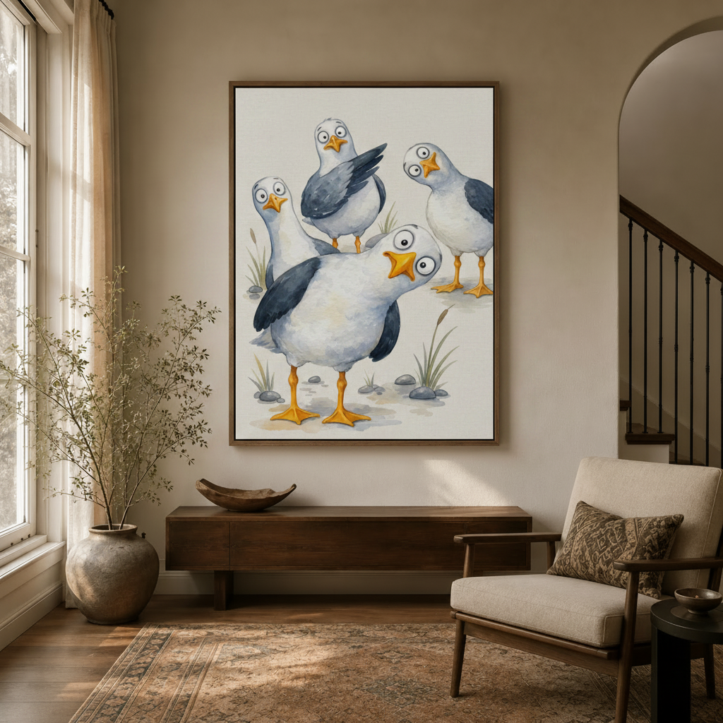 Cartoon seagull coastal watercolor art in walnut frame displayed in warm neutral entryway beside staircase and linen armchair