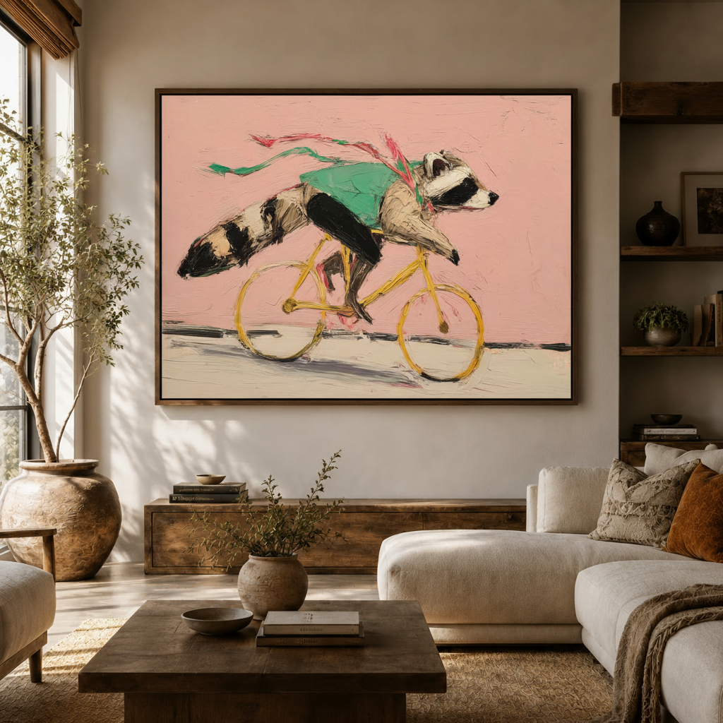 Raccoon on yellow bicycle folk art canvas wall art above sofa in warm modern living room